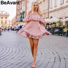 Load image into Gallery viewer, BeAvant Off shoulder strap chiffon summer dresses Women ruffle pleated short dress pink Elegant holiday loose beach mini dress