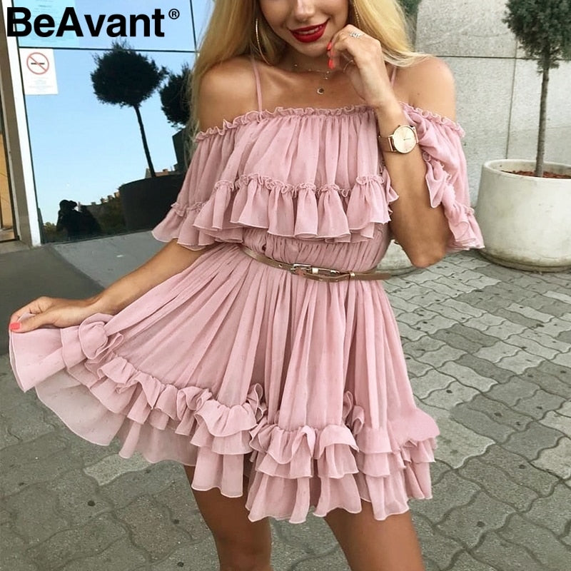 BeAvant Off shoulder strap chiffon summer dresses Women ruffle pleated ez haihv BeAvant Off shoulder strap chiffon summer dresses Women ruffle pleated ez haihv