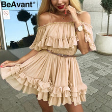 Load image into Gallery viewer, BeAvant Off shoulder strap chiffon summer dresses Women ruffle pleated short dress pink Elegant holiday loose beach mini dress