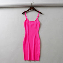 Load image into Gallery viewer, LUNDUNSHIJIA Fluorescence Stretch Knitting Mini Dress Women Sexy Straps Slim Fit Party Dresses Vestidos Femme