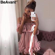 Load image into Gallery viewer, BeAvant Off shoulder strap chiffon summer dresses Women ruffle pleated short dress pink Elegant holiday loose beach mini dress