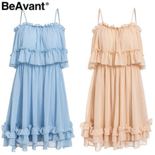 Load image into Gallery viewer, BeAvant Off shoulder strap chiffon summer dresses Women ruffle pleated short dress pink Elegant holiday loose beach mini dress