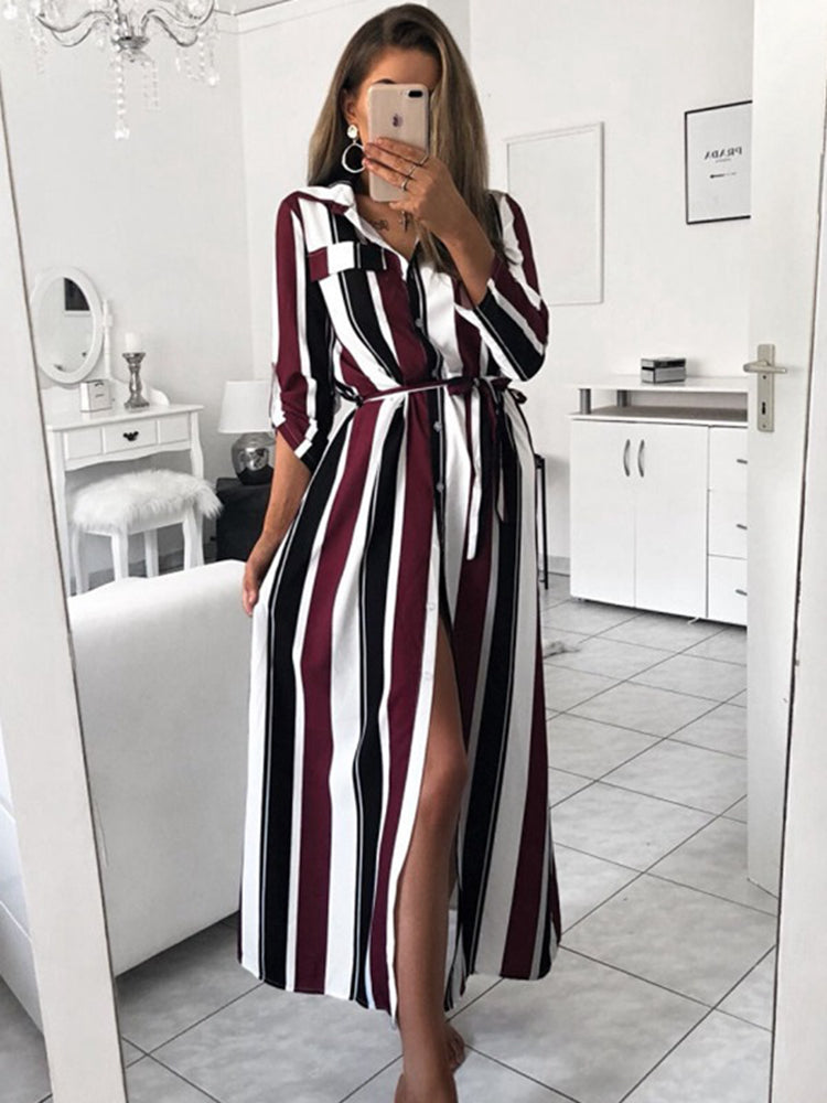 Stripe Maxi Dress 2019 Office Lady Turn-Down Collar Button Long Shirt Dress Women Autumn Summer Long Sleeve Dress