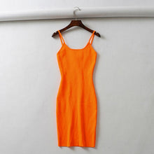 Load image into Gallery viewer, LUNDUNSHIJIA Fluorescence Stretch Knitting Mini Dress Women Sexy Straps Slim Fit Party Dresses Vestidos Femme