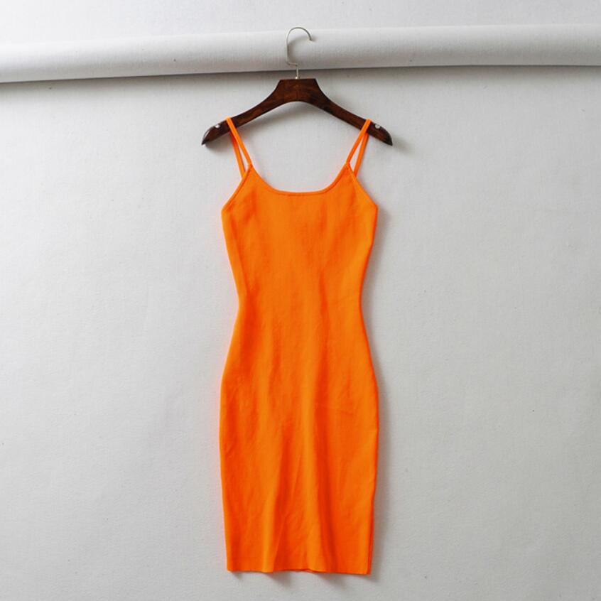 LUNDUNSHIJIA Fluorescence Stretch Knitting Mini Dress Women Sexy Straps Slim Fit Party Dresses Vestidos Femme
