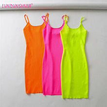Load image into Gallery viewer, LUNDUNSHIJIA Fluorescence Stretch Knitting Mini Dress Women Sexy Straps Slim Fit Party Dresses Vestidos Femme