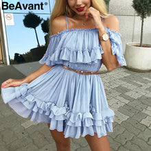 Load image into Gallery viewer, BeAvant Off shoulder strap chiffon summer dresses Women ruffle pleated short dress pink Elegant holiday loose beach mini dress